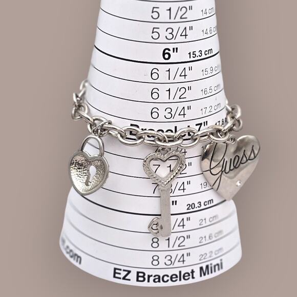 Guess Heart Key Cross Silver Charm Bracelet with Rhinestones - Picture 5 of 10